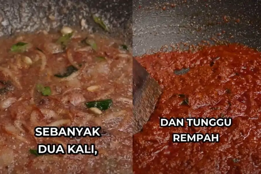 Tunggu rempah pecah minyak sehingga tiga kali untuk dapatkan aroma dan warna kari cantik.