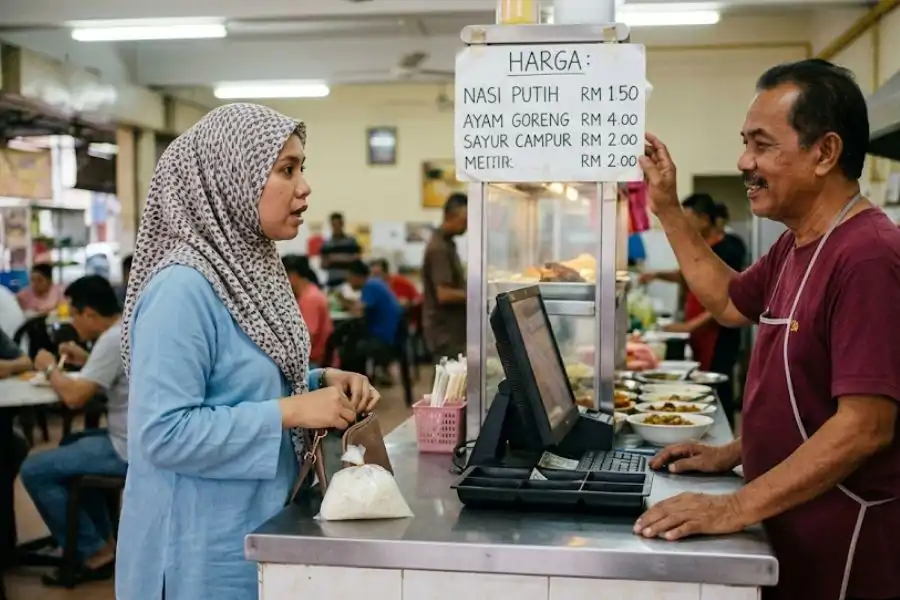 Seorang individu persoal tentang harga hidangan tetap sama walaupun pelanggan meminta nasi dikurangkan.