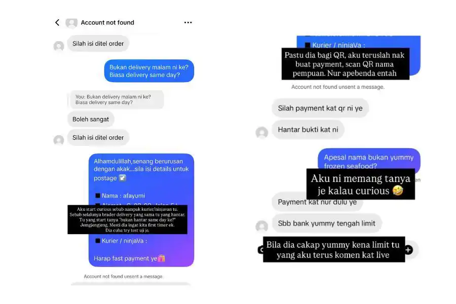 Perbualan mesej yang dikongsi menunjukkan helah penipu menyasarkan pembeli yang tidak menyedari butiran akaun bank berbeza.