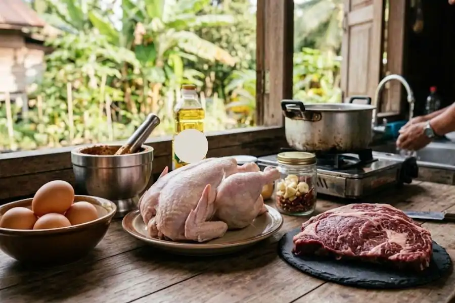 Telur, ayam dan daging antara sumber protein baik untuk pemakanan harian.