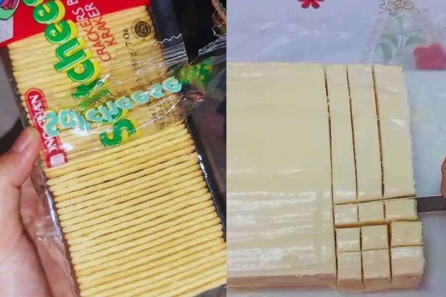 Lapisan krim keju bersama biskut kraker disusun berulang kali sebelum disejukkan dan dipotong mengikut saiz kesukaan.