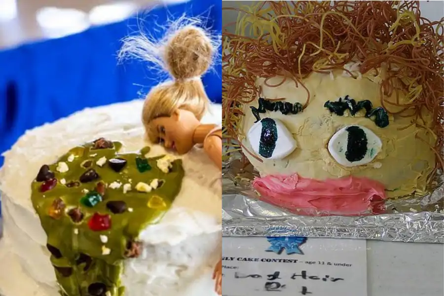 Kek memaparkan Barbie telah termuntah dan kek seorang lelaki kusut.