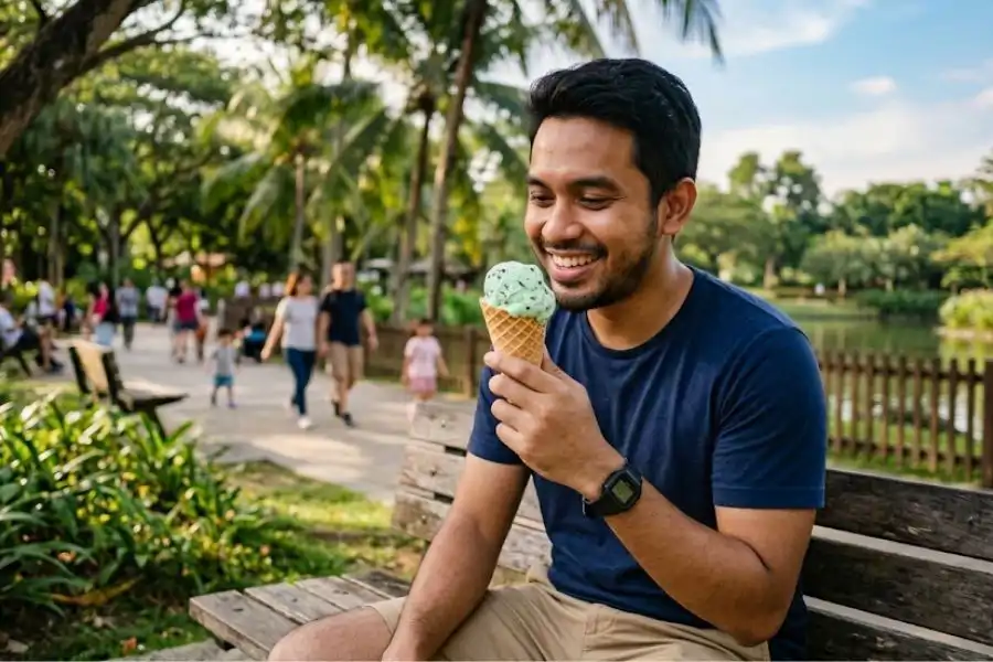 Aiskrim dapat mengembalikan kesegaran tubuh selepas sehatian penat bekerja.