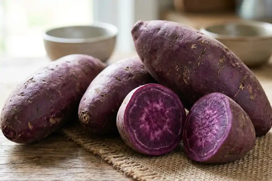 Ubi keledek ungu membekalkan serat, vitamin dan mineral untuk kesihatan tubuh badan.
