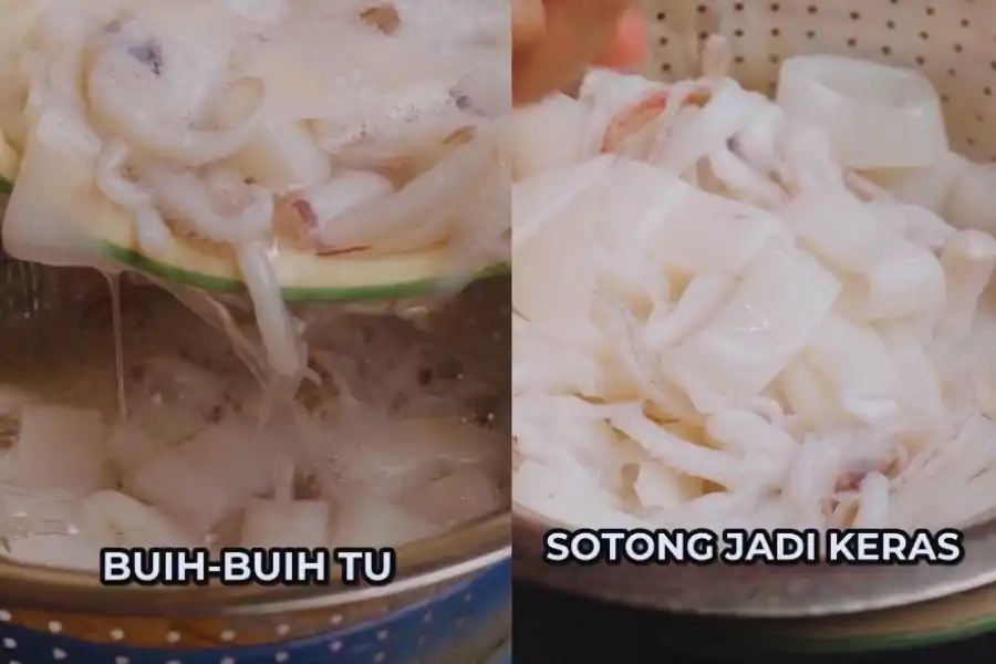 Sotong diramas bersama garam selama 30 hingga 60 saat sebelum dibilas sehingga buih hilang.