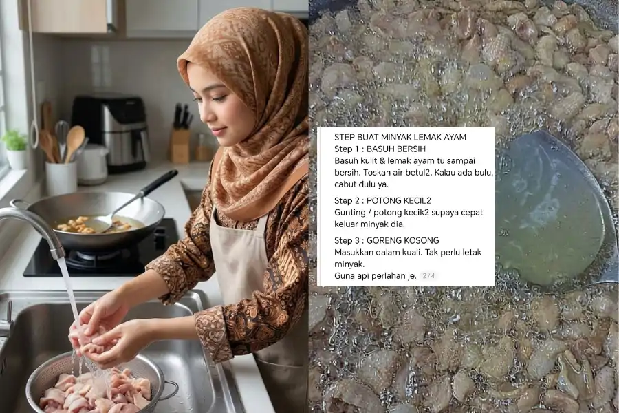 Kulit ayam perlu dicuci bersih terlebih dahulu dan dikeringkan sebelum digoreng tanpa minyak.