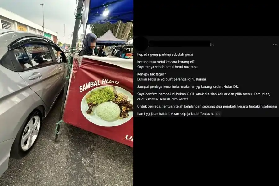 Seorang individu ingin tahu tujuan kereta diletakkan hadapan gerai untuk membeli makanan.
