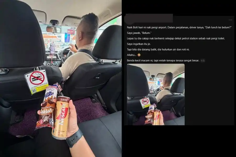 Pemandu e-hailing berkenaan menghulurkan air dan roti kepada penumpang selepas mengetahui dia masih belum makan tengah hari.