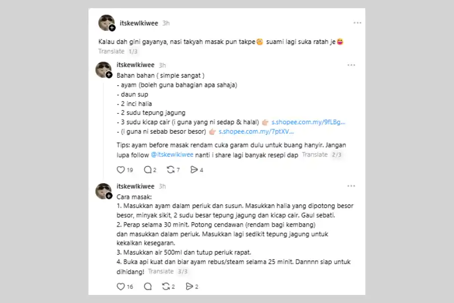 Perkongsian resipi di laman Threads.