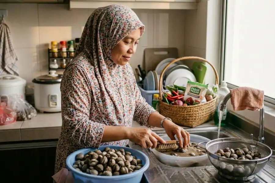 Sebelum merebus, kerang perlu dibasuh bersih. 