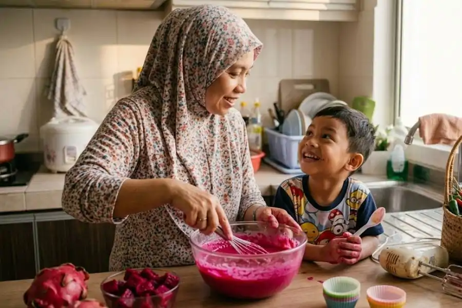 Adunan ringkas apam buah naga ini boleh dimasak menggunakan air fryer atau dikukus.