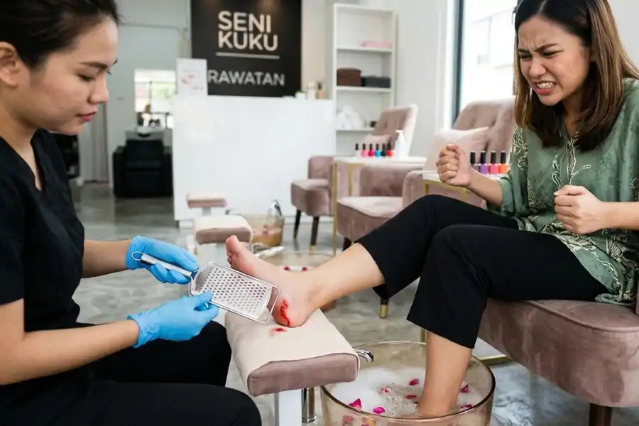 Tumit seorang wanita luka selepas digosok menggunakan alat didakwa penyagat keju ketika melakukan rawatan pedicure. -Gambar AI