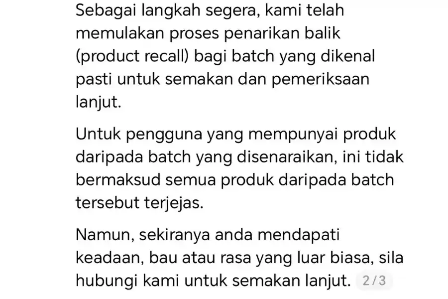 Sebagai langkah segera, Bubbles O2 telah menarik semula batch minuman yang dikenal pasti untuk semakan dan pemerikaan.
