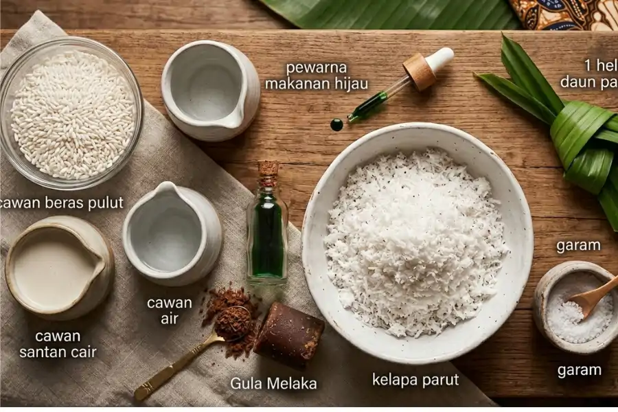 Bahan-bahan untuk membuat kuih lopes.