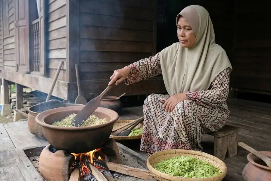 Emping padi disangai tanpa minyak.