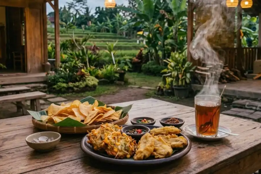 Kebiasaan tetamu di Indonesia dihidangakan gorengan dan teh manis hangat.