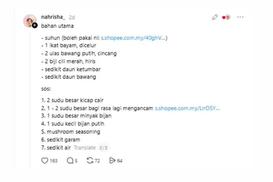 Perkongsian resipi di laman Threads.
