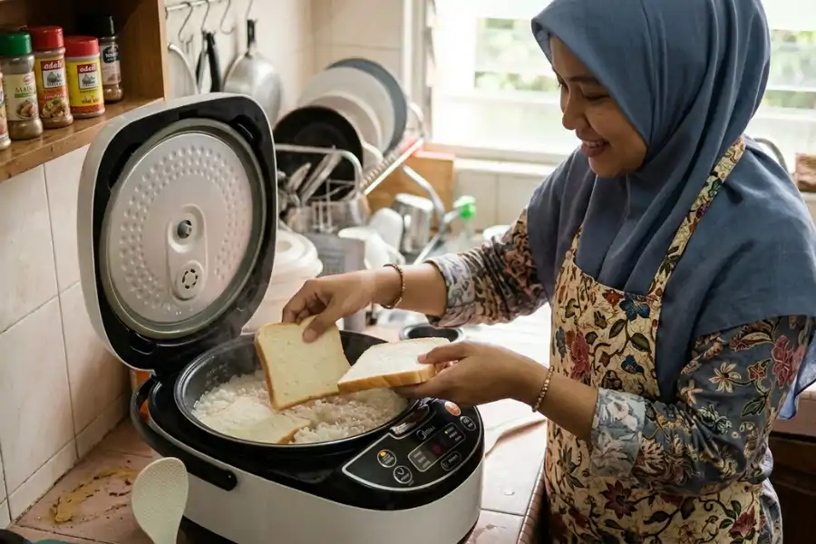 Meletakkan dua keping roti putih untuk menyerap lebihan air.