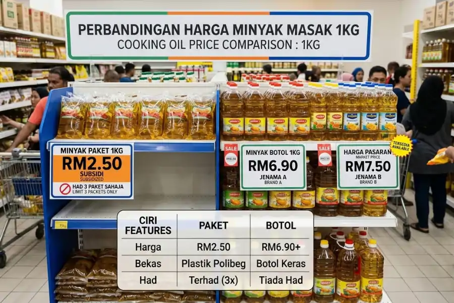Perbezaan harga minyak paket dan botol disebabkan subsidi kerajaan untuk kemasan paket.