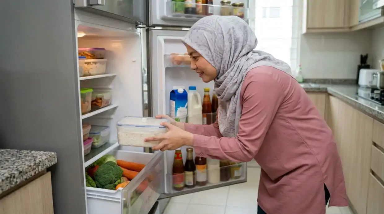 Simpan nasi sisa dalam peti sejuk pada suhu empat darjah Celsius.