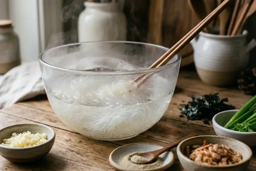 Suhun hanya dicelur dalam air panas sebelum digaul dengan bahan-bahan lain.