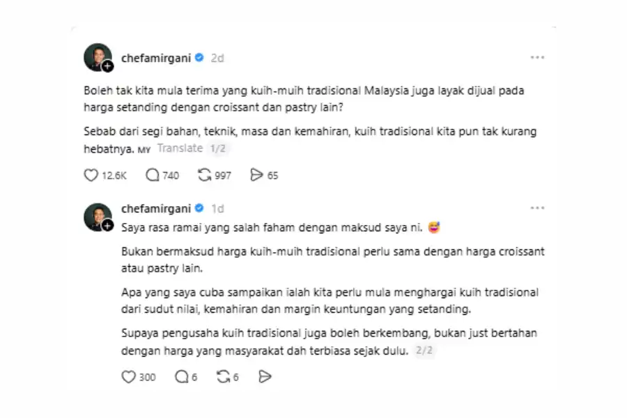 Perkongsian Chef Amir Ghani di laman Threads.