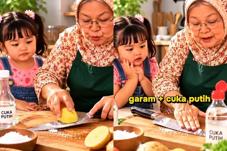 Taburkan garam pada permukaan pisau, kemudian siramkan sedikit cuka putih.