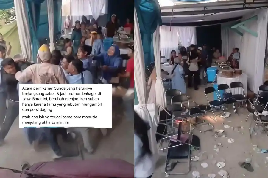 Suasana sebuah majlis perkahwinan huru-hara apabila tetamu bergaduh gara-gara daging.