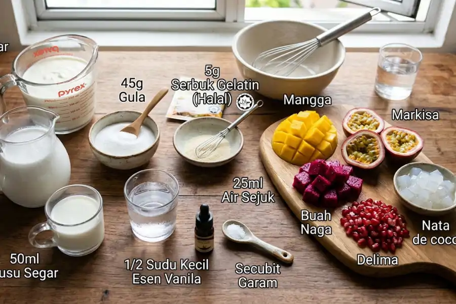 Bahan mudah untuk membuat pecuci mulut viral tropical panna cotta.
