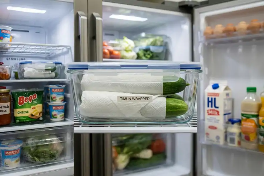 Simpan timun di tempat sayur (chiller).