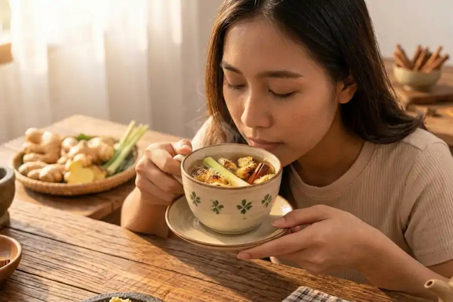 Minum air rendaman halia bakar, serai dan kayu manis dikatakan bagus untuk tubuh badan.