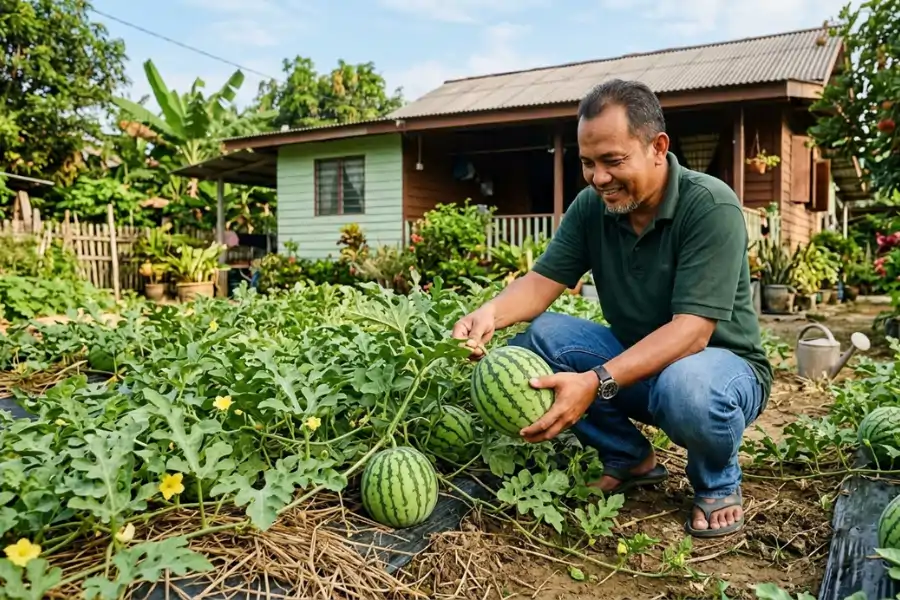 Pokok dan buah tembikai perlu sentiasa dipantau pertumbuhannya.