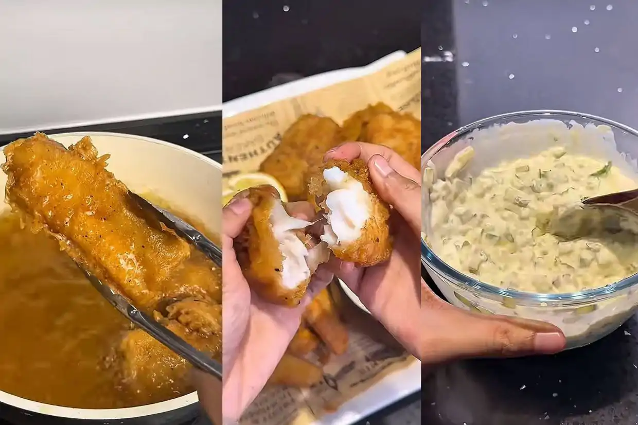 'Fish and chips' rangup keemasan yang lengkap dengan sos tartar.