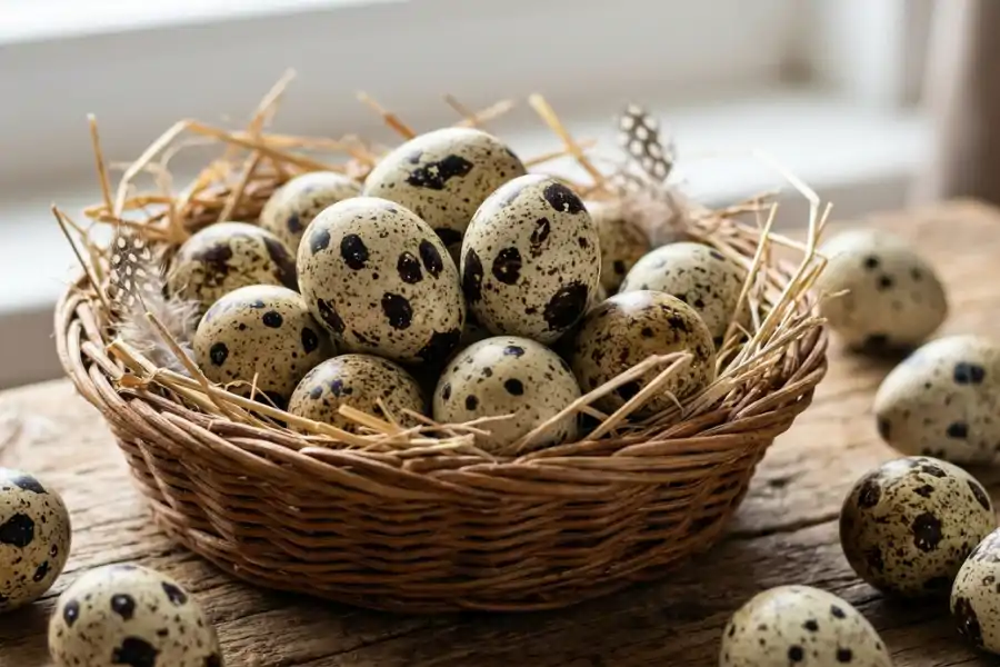 Telur puyuh memiliki saiz lebih kecil berbanding telur ayam.