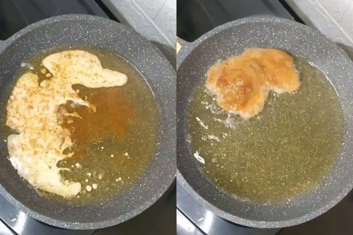 Kotoran di dalam minyak melekat pada tepung.