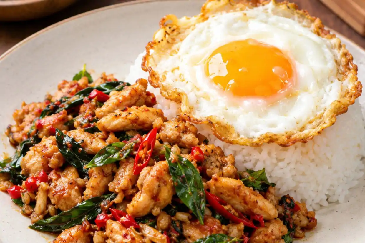 Nasi pad krapow ayam yang merupakan hidangan popular di Thailand.