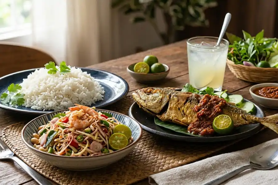 Kerabu jantung pisang sudah cukup enak dihidangkan bersama nasi panas dan ikan goreng.
